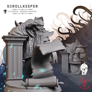 May include: A grey miniature sculpture of a wizard with a long beard, glasses, and a hat, holding a scroll. The sculpture is on a pedestal with the text "SCROLLKEEPER" and "A STORM FORGED HEAVEN". A smaller figure is in the background.