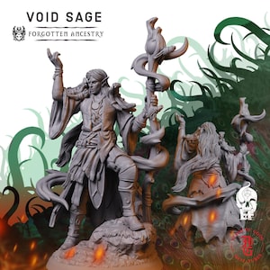 May include: A grey resin miniature figure titled Void Sage Forgotten Ancestry. The figure depicts a long-haired character in robes standing on a rocky base, holding a tall staff with swirling elements. One hand is raised, and the character wears a pendant.