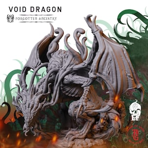 May include: A grey resin miniature of a Void Dragon from Forgotten Ancestry. The creature features a brain-like textured head, multiple tentacles, large bat-like wings, and sharp claws. Text at the top reads VOID DRAGON FORGOTTEN ANCESTRY.