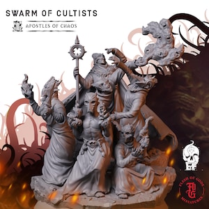 May include: A grey resin miniature set titled SWARM OF CULTISTS APOSTLES OF CHAOS featuring five figures in robes and masks. One holds a staff, another a flame, and one gestures toward a floating cloud of faces. The figures stand on a rocky base.