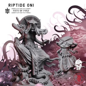 May include: A gray resin miniature figure titled RIPTIDE ONI FISTS OF FURY. The figure features a multi-armed creature with a horned mask, a wide hat, and a long tongue, standing atop a base of tentacles. A second view shows the back with swords.