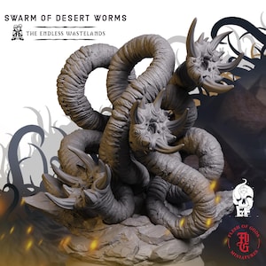 May include: A grey resin miniature titled Swarm of Desert Worms from The Endless Wastelands. The figure features multiple segmented, coiled worm-like bodies with textured skin, each ending in a head with sharp, protruding horns and spikes.