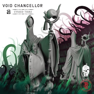 May include: A grey resin miniature figure titled Void Chancellor Cursed Tome, depicting a tall robed entity with a featureless mask, holding a staff topped with an orb, and featuring two smaller faces emerging from the front of the robe.