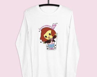 オリジナルキャラクター、タピオカ好きのタビちゃんをモチーフにしたユニセックスロングスリーブTシャツ。