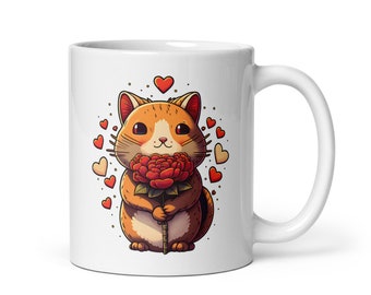 オレンジ色の猫のマグカップ | バレンタインデーのコーヒーカップ、花とハート