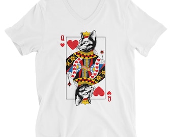Cat Queen of Hearts Graphic T-shirt - Unisex korte mouw V-hals - speelkaartshirt