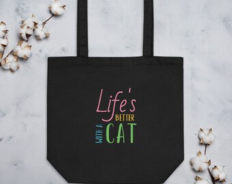 オーガニックコットン キャットトートバッグ - 猫がいると人生はもっと楽しくなる