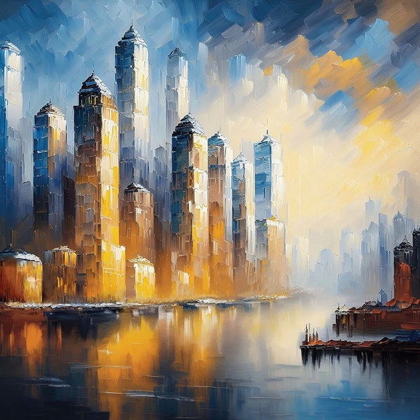 Oil Painting, Skyscrapers, Waterfront, Sunlight, Impressionism, city, landscape, Impasto, Art Decor, Digital Artwork, High Resolution Prints