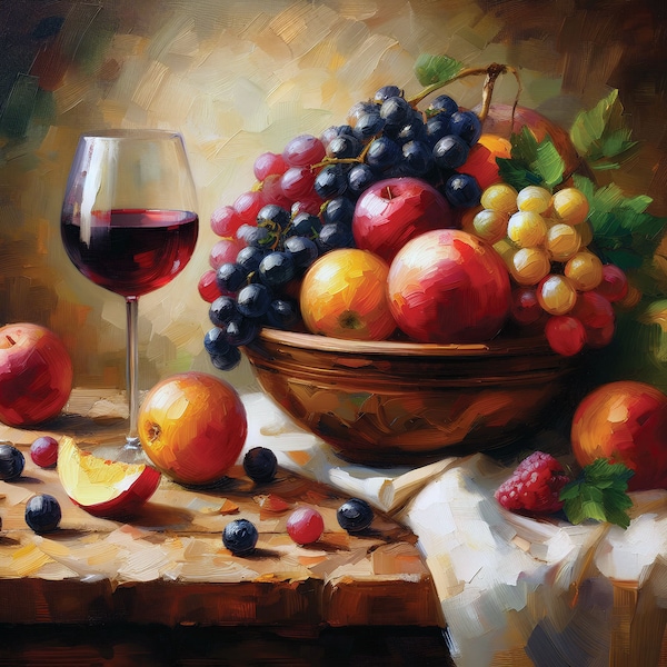 Oil Painting, Harvest, Beautiful Fruit Decor, Room Decor, Digital Artwork, Digital Prints, High Quality, High Resolution,  Linen Canvas