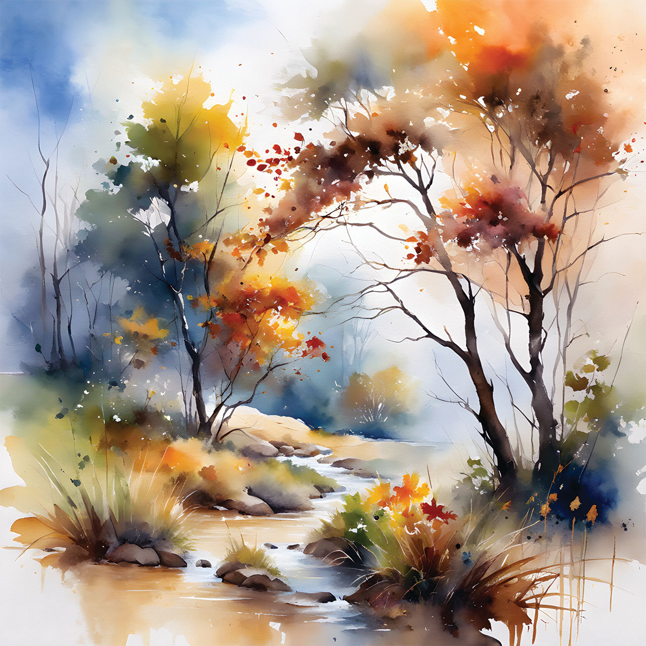 Aquarel, Herfst, Beek, Bloemenlandschap, Mystieke Mist, Woondecoratie, Muur, Kunst, Digitale Kunst, Digitale Prints, Hoge Resolutie