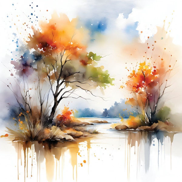 Watercolor Painting, Nature, Landscape, Fall, Leaves, Water, Clouds, Home Decor, Wall, Art, Digital Artwork, Digital Prints, High Resolution