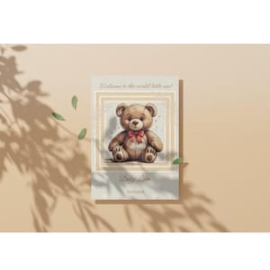 Modelo de Cartão de Bebê Editável com Ursinho de Pelúcia – Canva Design | Imprimível e Digital