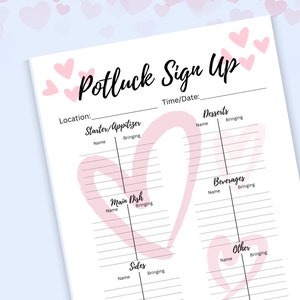 Potluck Sign-up, Office Potluck, Valentine&#39;s Day Sign Up Sheet, Print From Home, School Party, Easy Tracking For Food Dishes, Church Sign-up