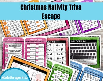 May include: A Christmas Nativity Trivia Escape game for ages 8-12. The game includes a series of challenges, answer banks, and decoders. The cards are decorated with a watercolour-style background.