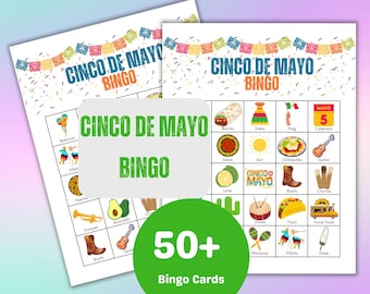 May include: A set of 50+ printable Cinco de Mayo bingo cards. Each card features a colorful design with a variety of images related to the holiday, such as a sombrero, a guitar, and a taco. The cards are perfect for a fun and festive Cinco de Mayo party.