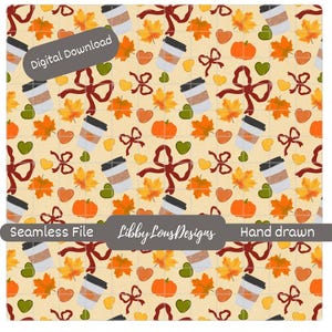 Pumpkin Spice Coffee Fall Seamless Pattern Hand Drawn PNG Download Digital Paper Sublimation Fabric Surface Design Autumn Cozy File