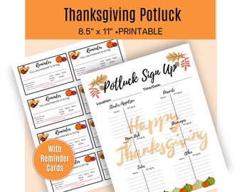 Könnte beinhalten: Anmeldeformulare und Erinnerungskarten für ein Thanksgiving-Potluck. Das Anmeldeformular enthält Abschnitte für Vorspeisen, Hauptgerichte, Beilagen und Desserts. Die Erinnerungskarten haben Illustrationen von Truthähnen und Kürbissen.