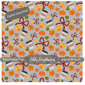 Pumpkin Spice Coffee Fall Seamless Pattern Hand Drawn PNG Download Digital Paper Sublimation Fabric Surface Design Autumn Cozy File