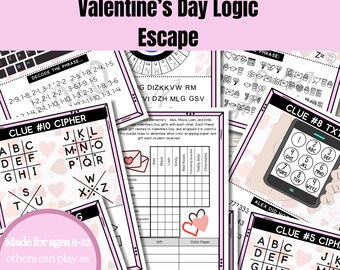 May include: Valentine's Day Logic Escape game with various clues. The game includes puzzles with ciphers, codes, and a keyboard. The game is designed for ages 8-12, but others can play as well. The game has a pink and white color scheme.