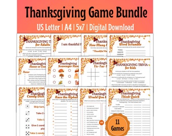 May include: A digital Thanksgiving Game Bundle featuring 11 games, such as trivia and word scrambles, suitable for adults and children. The design has an autumnal theme, with the title "Thanksgiving Game Bundle" prominently displayed at the top.
