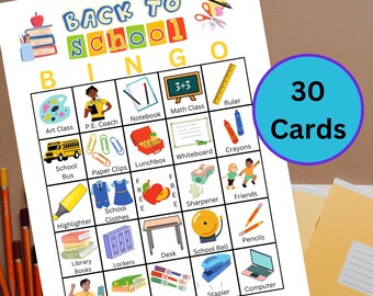 新学期ビンゴカード、ようこそ、新学期初日のアクティビティ、新学期パーティー、子供向けゲーム、30 枚のカード、印刷可能な教師用、子供向けアクティビティ