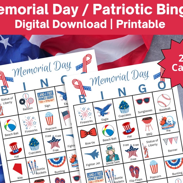 Memorial Day Bingo Cards, Patriotic Bingo,Instant Download, Military Printable Games, 20 Cards, 4th of July, Memorial Day Games, Kid Games