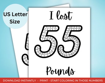 May include: Black and white printable coloring page featuring the number 55 with the text "I lost 55 pounds".