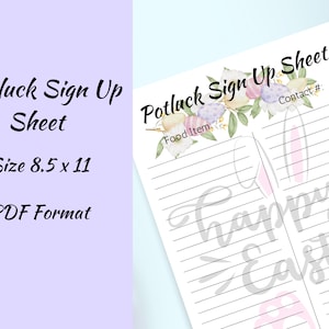 Könnte beinhalten: Ein druckbares Potluck-Anmeldeformular mit dem Text "Potluck Sign Up Sheet" und "Frohe Ostern". Das Blatt ist 21,6 x 27,9 cm groß und im PDF-Format. Es zeigt Osterdekorationen, darunter pastellfarbene Eier und Hasenohren.