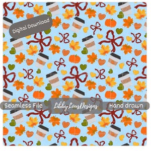 Pumpkin Spice Coffee Fall Seamless Pattern Hand Drawn PNG Download Digital Paper Sublimation Fabric Surface Design Autumn Cozy File