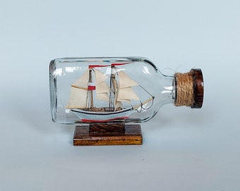 Ship in Bottle With Wood Stand Vintage Hand Blown Boat in Bottle 