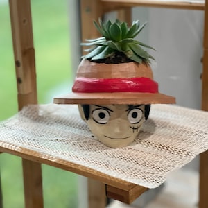 Può includere: Un vaso in terracotta a forma di testa di personaggio dei cartoni animati con un cappello rosso e una pianta grassa verde che cresce al suo interno.