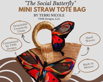 Mini sac fourre-tout en paille papillon, sac fait main, sac mode personnalisable, bandoulière chaîne, sac printemps/été,