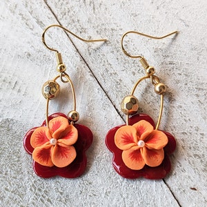 Flower Earrings Dangle, Clay Earrings, Floral Earrings, Blue, Red, Handmade
