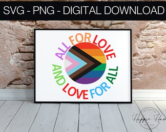 May include: A white background with a colorful circle containing a rainbow and a black and brown chevron. The circle is surrounded by the text "All for Love and Love for All" in a rainbow of colors.