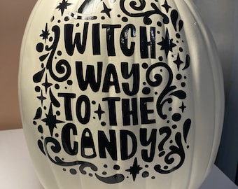 Witch Way to the Candy Vinyl Decorated Pumpkin, Halloween Decoration, Trick or Treat Decor, Fall Decor, Festive Pumpkin