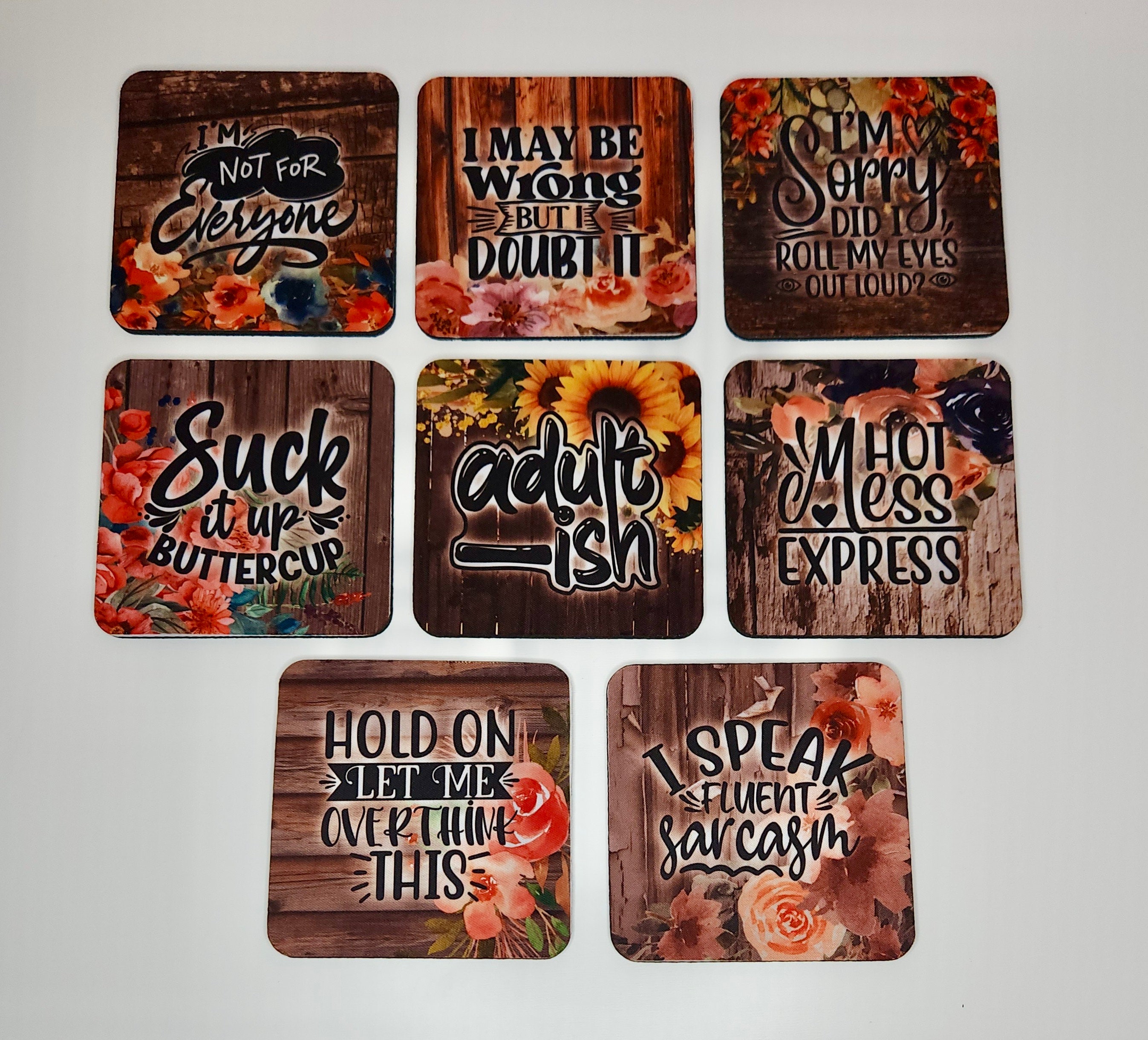 Sarcastic fabric with rubber backing drink coasters - Multiple to choose from!
