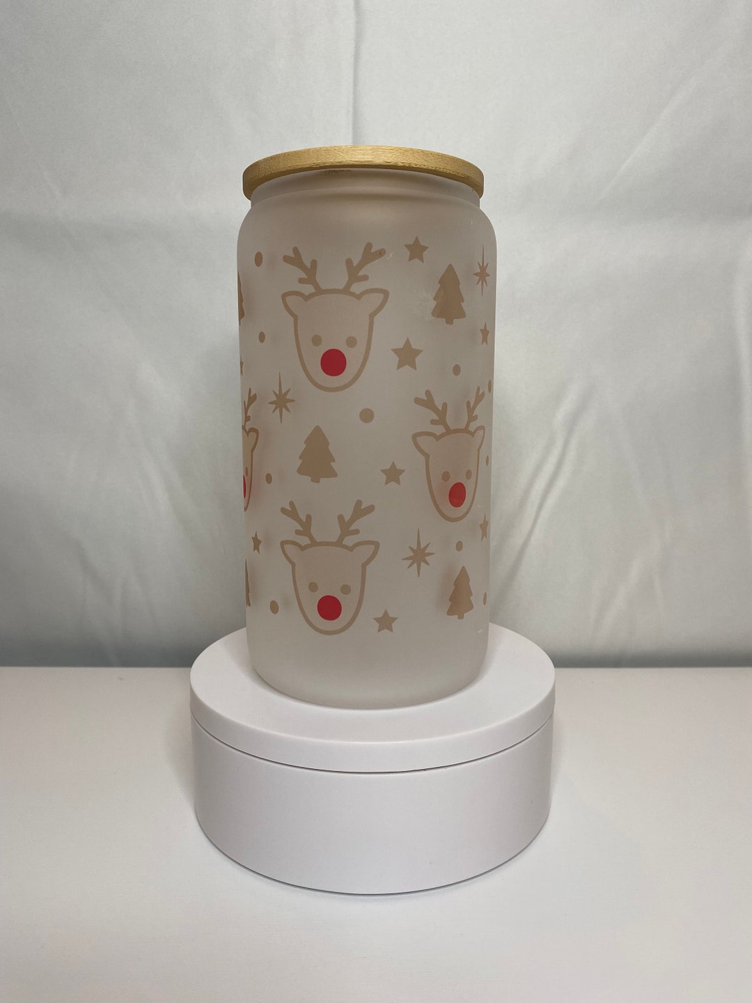 Rudolph Inspired Frosted Glass With Lid and Straw, 16 Oz Reindeer ...