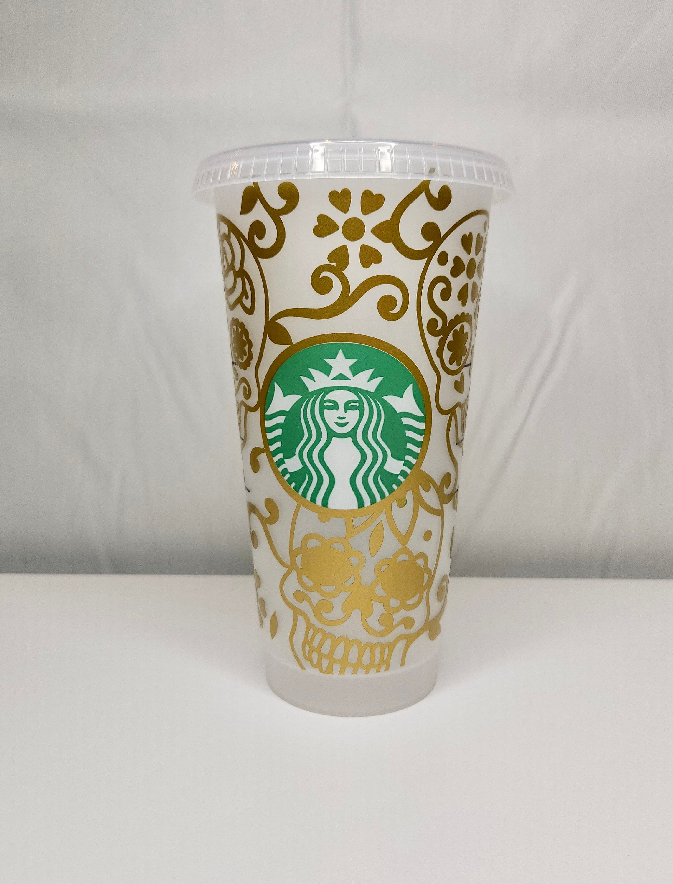Gold Sugar Skull Starbucks Cup, 24 oz with Lid and Straw, Halloween Drinkware, Day of the Dead Mug