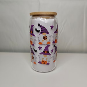 Gnome Trick or Treaters Glass Jar, 16 oz Libby Glass, Lid & Straw, Halloween Decor, Halloween Gift, Fall Decoration