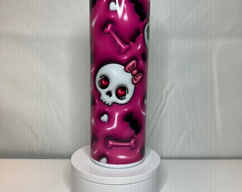 Hot Pink Skulls Skinny Tumbler, 20 oz Cup with Lid and Straw, Goth Drinkware, Skull Lover Gift