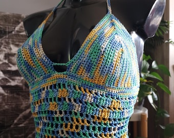 Crochet Halter Top – Handmade Festival Crop Top | Open Back Summer Top in Blue, Yellow & Green