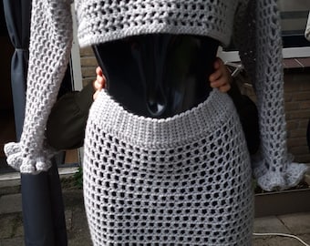 Gray Crochet Skirt and Top Set – Handmade Ruffle Mesh Festival Outfit | 2-Piece Summer Co-ord