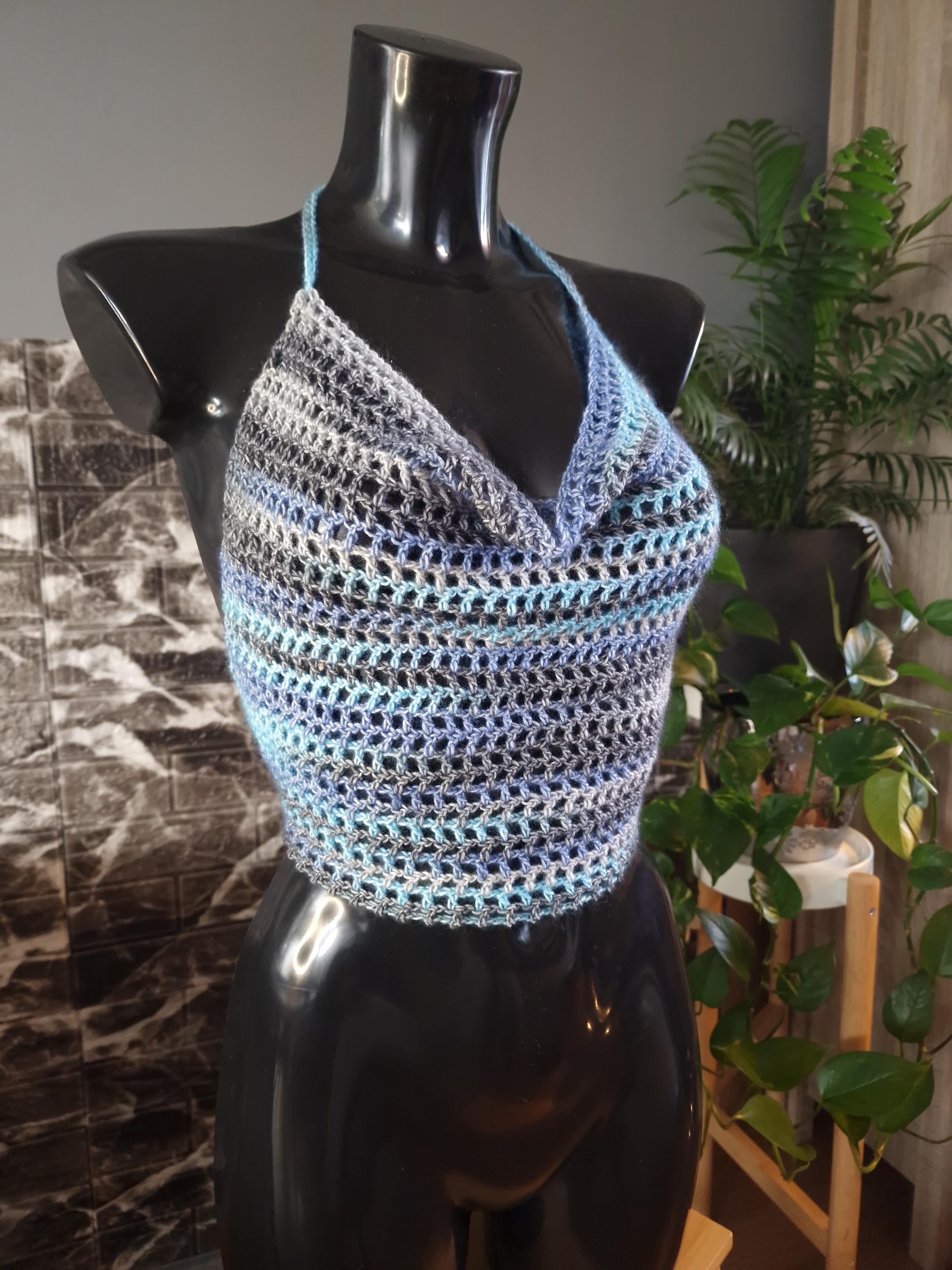 Crochet Bikini Cover Up Top – Handmade Halter Summer Crop Top in Blue-Gray Tones