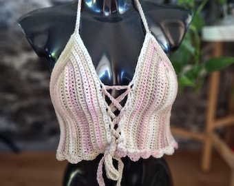 Pastel Crochet Lace-Up Top | Handcrafted Boho Bikini | Summer Crochet Bralette