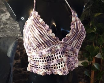 Boho Crochet Halter Top – Handmade Lilac & Cream Festival Crop Top – Adjustable Summer Bralette