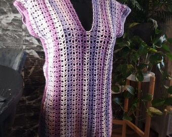 Handmade Crochet Tunic Top – Lilac & Violet Striped Summer Cover-Up – Lightweight Boho Top