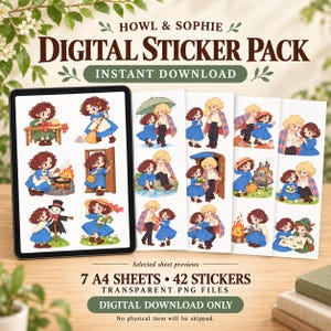May include: A digital sticker pack featuring Howl and Sophie characters in various scenes. The set includes 7 A4 sheets with 42 stickers as transparent PNG files. The display shows a tablet screen and printed previews of the illustrated stickers.