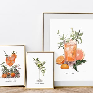 May include: Three framed illustrations of cocktails. The first shows an Aperol Spritz with orange slices and a sprig of greenery. The second shows a Dry Martini with olives and a sprig of greenery. The third shows a Paloma with grapefruit slices and a sprig of greenery.