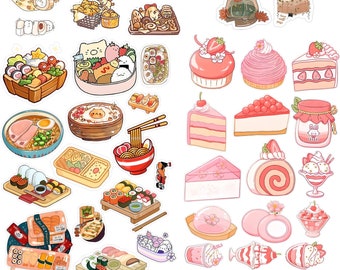 Könnte beinhalten: Eine Sammlung bunter Aufkleber mit niedlichen Comicfiguren, Essen und Desserts. Die Aufkleber sind perfekt zum Dekorieren von Tagebüchern, Planern, Laptops und anderen Gegenständen. Einige der Aufkleber zeigen japanisches Essen wie Sushi, Ramen und Bento-Boxen. Andere Aufkleber zeigen Desserts wie Kuchen, Cupcakes und Eis. Die Aufkleber sind alle bunt und haben eine Vielzahl von niedlichen Designs.