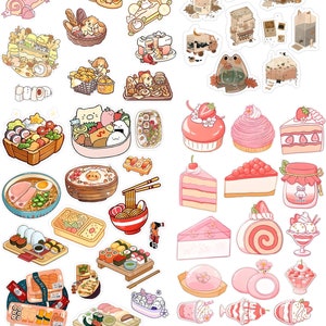 May include: A collection of colorful stickers featuring cute cartoon characters, food, and desserts. The stickers are perfect for decorating journals, planners, laptops, and other items. Some of the stickers feature Japanese food, such as sushi, ramen, and bento boxes. Other stickers feature desserts, such as cakes, cupcakes, and ice cream. The stickers are all brightly colored and feature a variety of cute designs.